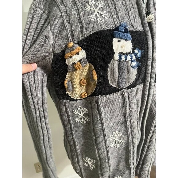 EUC Storybook Knits Sweater Gray Cable Knit Snowman Full Zip Cardigan Snowflake - Picture 4 of 7